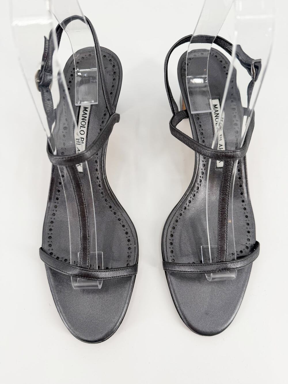 Manolo Blahnik Dark Gray Metallic Gunmetal Leather Strappy Sandals Heel 39.5